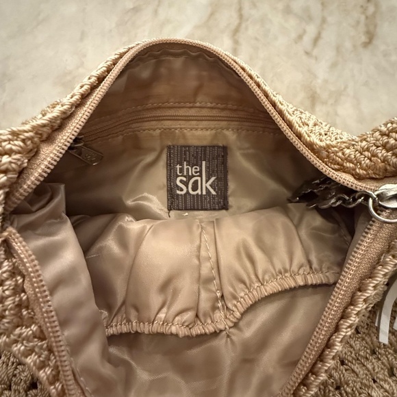 The Sak Tan Crochet Shoulder Bag With Leather Tassel Accent Boho Chic Style - Picture 5 of 7